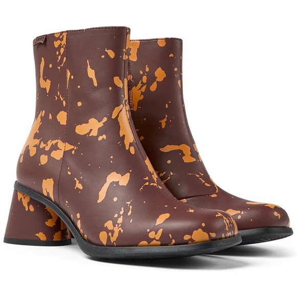 Camper Kiara Orange Brown Paint Splatter Leather Heeled Ankle Boots EUC Size 37 - Picture 1 of 13